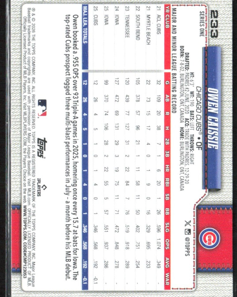 Owen Caissie 2026 Topps RC #233 Chicago Cubs
