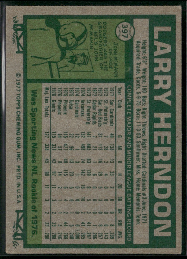 Larry Herndon 1977 Topps RC #397 San Francisco Giants