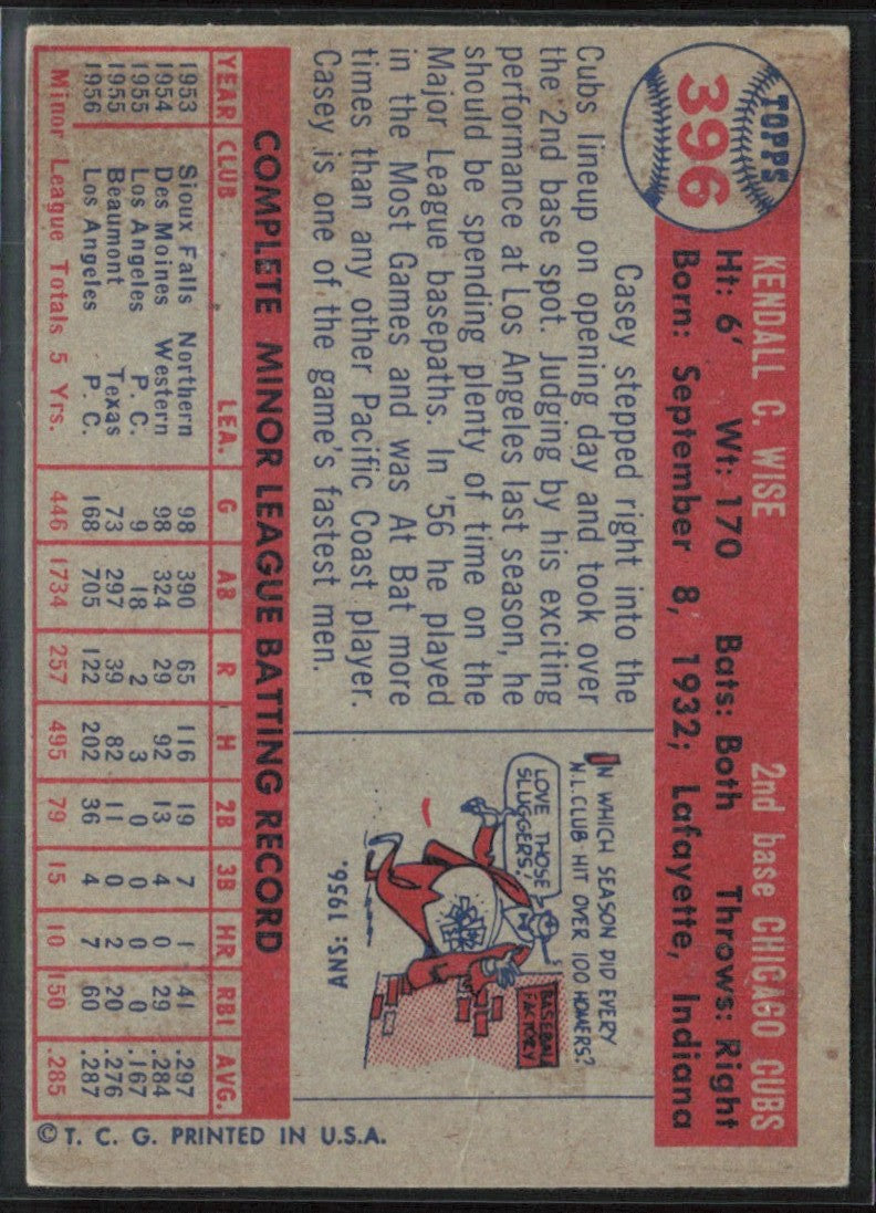 Casey Wise 1957 Topps #396 Chicago Cubs