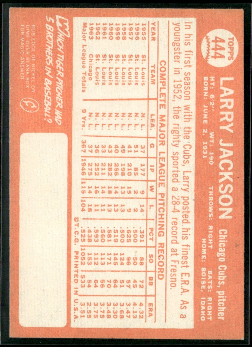 Larry Jackson 1964 Topps #444 Chicago Cubs