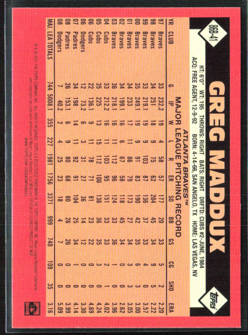 Greg Maddux 2021 Topps 1986 Design #86B-41 Atlanta Braves