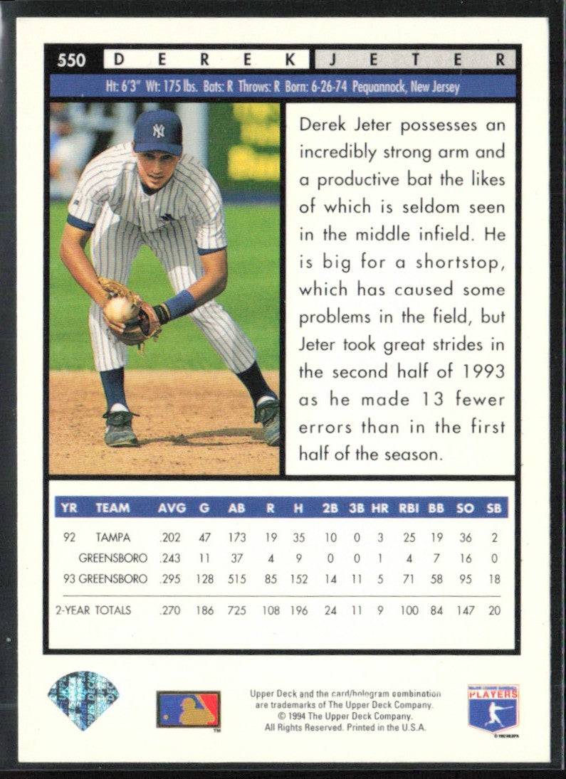 Derek Jeter 1994 Upper Deck #550 New York Yankees