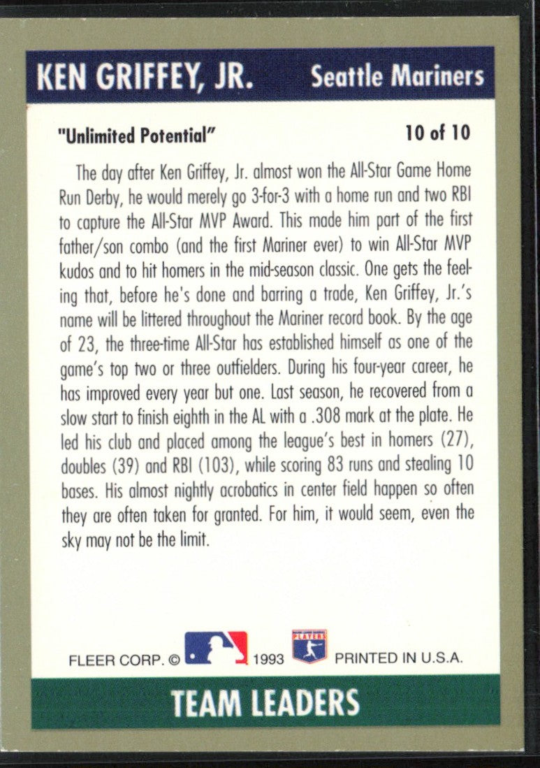 Ken Griffey Jr. 1993 Fleer Team Leaders #10 Seattle Mariners