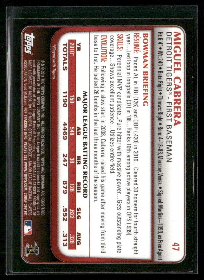 Miguel Cabrera 2011 Bowman International #47 Detroit Tigers