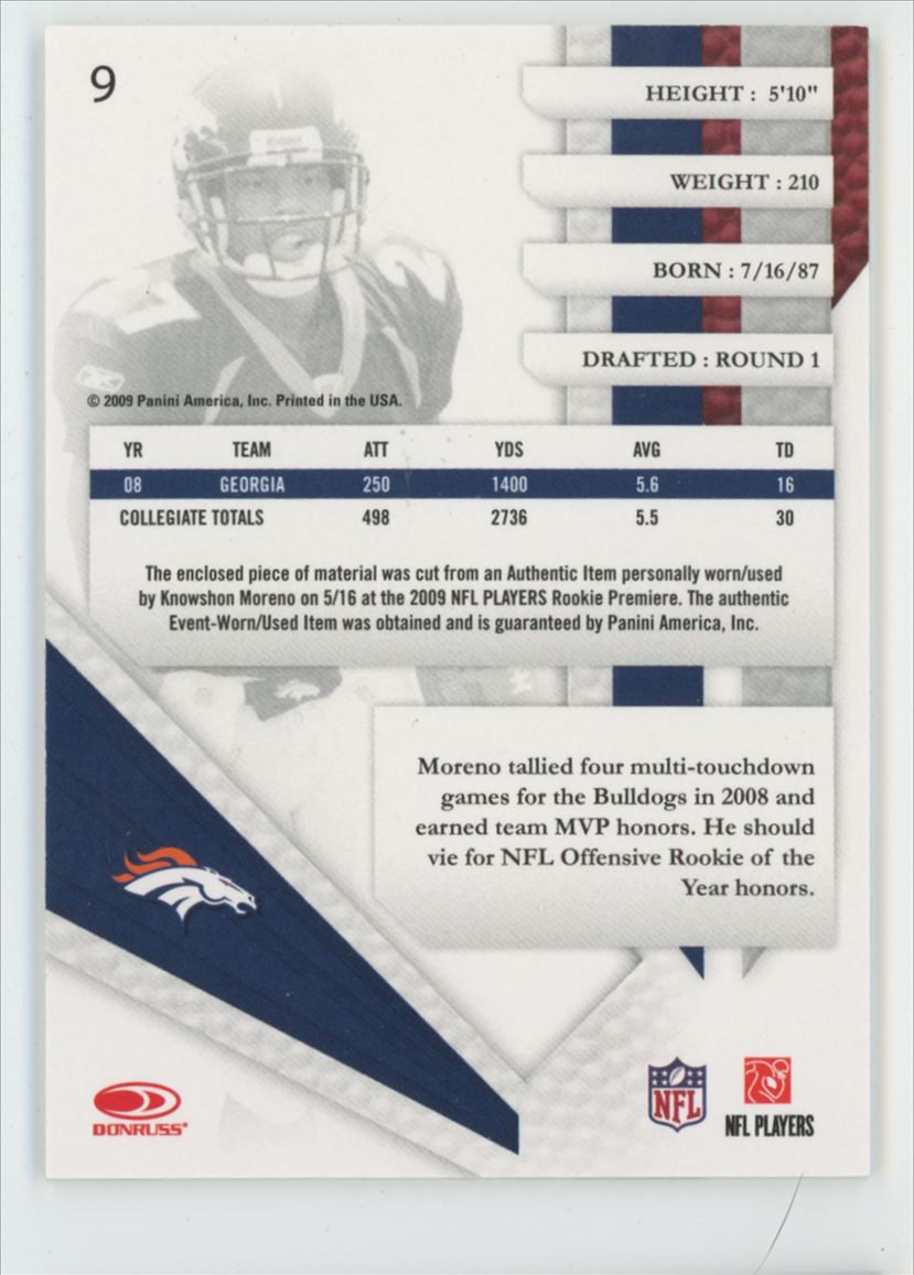 Knowshon Moreno 2009 Playoff Absolute Memorabilia Rookie Collection Jersey #9