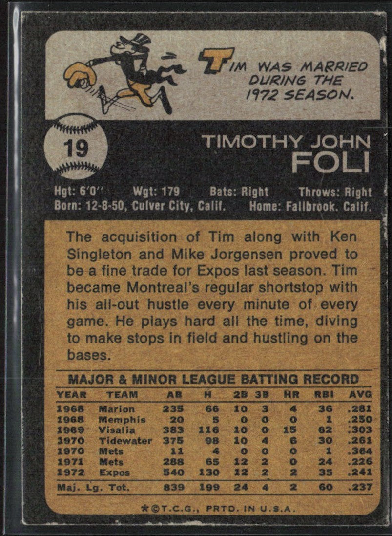 Tim Foli 1973 Topps #19 Montreal Expos