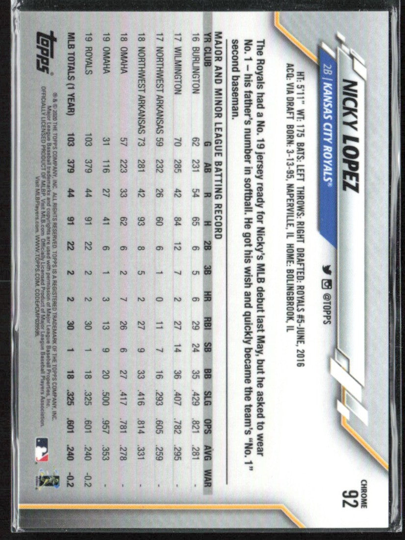 Nicky Lopez 2020 Topps Chrome Negative Refractor #92 Kansas City Royals