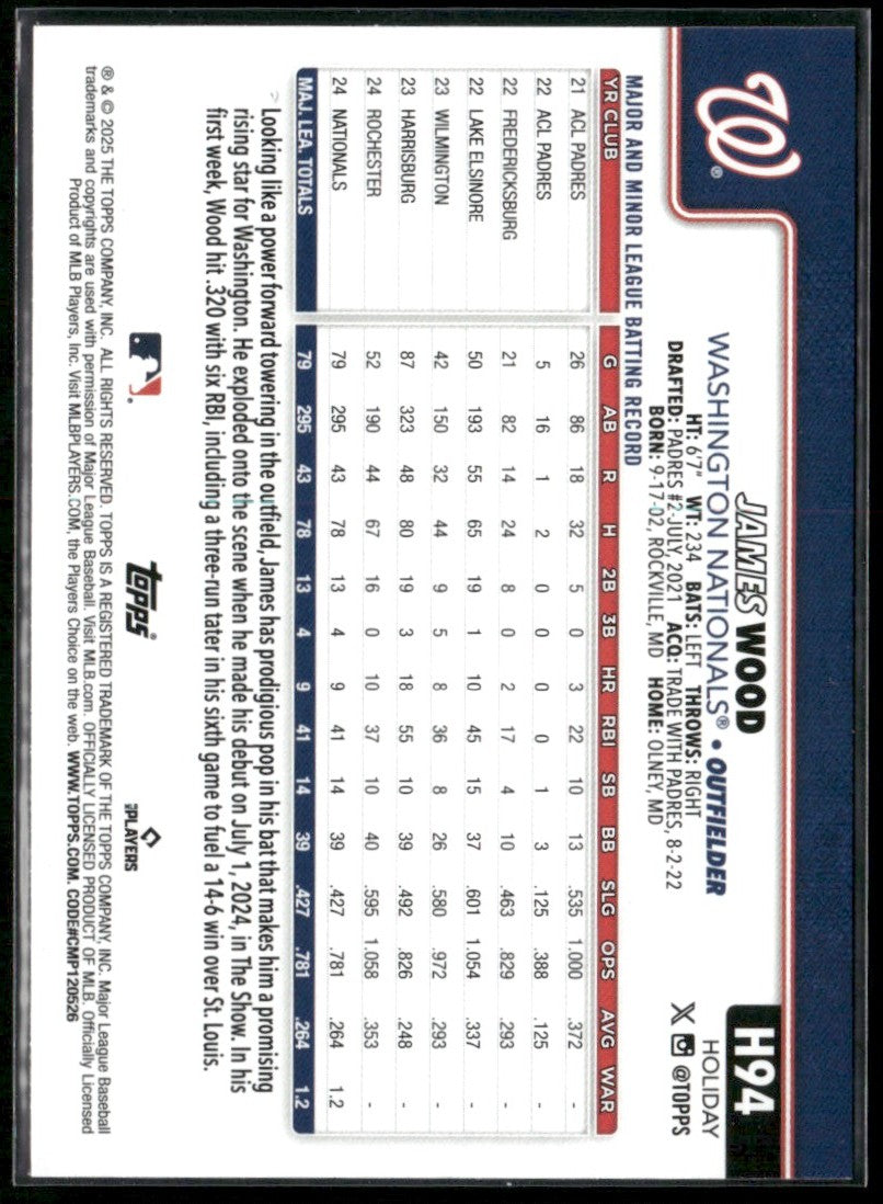 James Wood 2025 Topps Holiday RC #H94 Washington Nationals